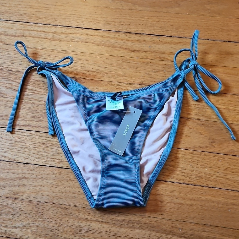 J Crew Green-Gray Textured Bikini Bottom, Side Tie, New With Tags & Liner, Sz S